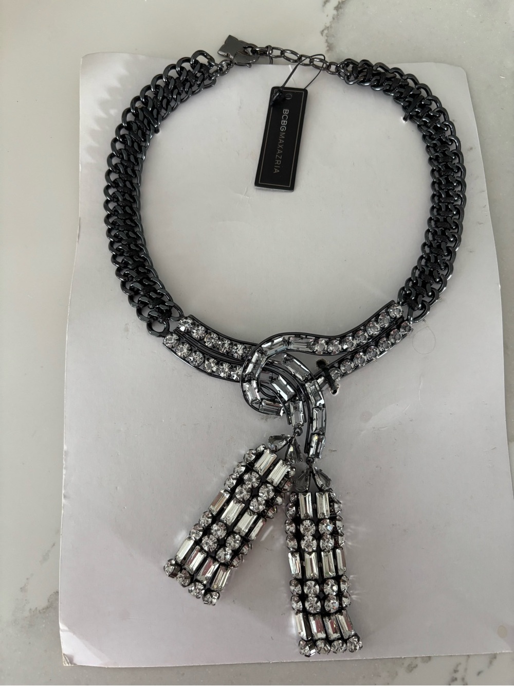BCBGMaxAzria Gunmetal and Silver Crystal Knot Tassel Necklace